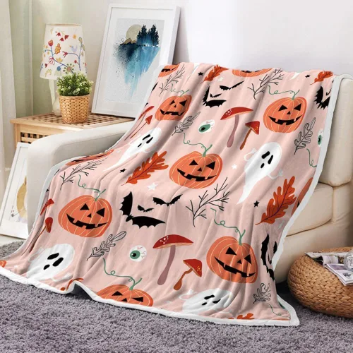 Vista 4 de JAWO Manta de Halloween con diseño de fantasma de calabaza rosa, cálida y cómoda, divertida manta de franela de hongos, sala de estar, decoración