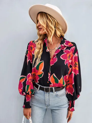 Vista 4 de Camisa estampada elástica para mujer, con estampado floral, de manga larga, con botones, para mujer