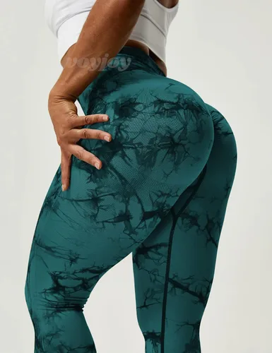 Vista 5 de VOYJOY Leggings sin costuras de teñido anudado para mujer, pantalones de yoga de cintura alta, mallas elásticas con levantamiento de glúteos