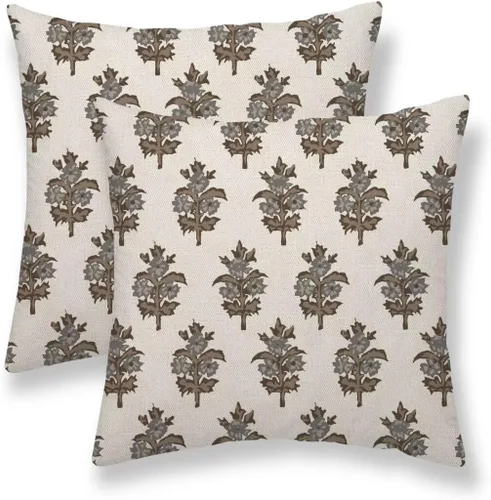 Vista 21 de Juego de 2 fundas de almohada florales de color marrón y gris de 16 x 16 pulgadas, fundas de almohada con estampado de bloques de hojas de flores