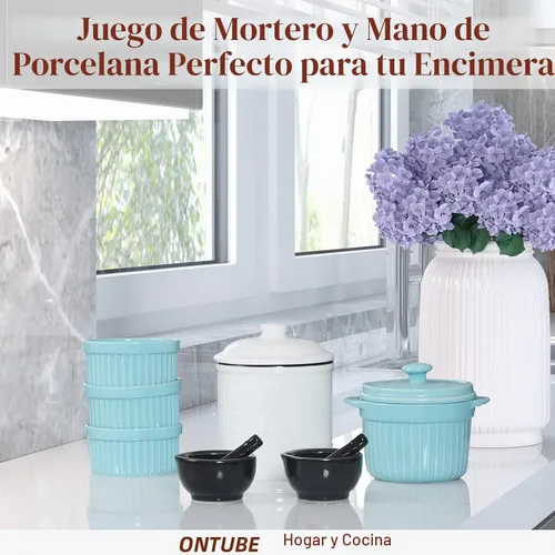 Vista 2 de ONTUBE Juego de mortero y mortero, juego de molinillo de especias y hierbas de cerámica y gres, triturador de píldoras (8.1 cm-Negro)