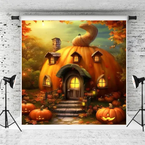 Vista 5 de Kate Telón de fondo de fotografía de Halloween para fiesta de niños, lindo fondo de casa de calabaza, accesorios de estudio fotográfico