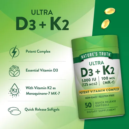 Vista 5 de Nature's Truth Complejo de vitamina K2 MK7 100 mcg 50 cápsulas blandas con D3 Suplemento sin OMG y sin gluten