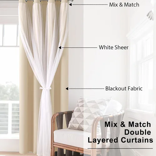 Vista 5 de Hiasan Cortinas opacas con superposición transparente, aislamiento térmico para mezclar y combinar de doble capa, cortinas de oscurecimiento de Beige