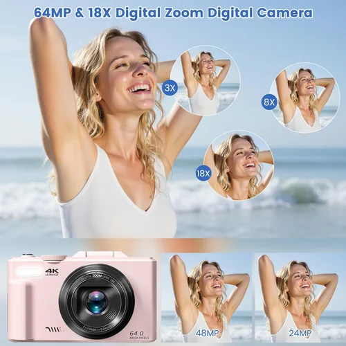 Vista 3 de Cámara digital 4K para fotografía, cámara de vlogging de 64MP para YouTube Rosa