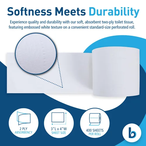 Vista 3 de Boardwalk B6144 2 capas de papel higiénico séptico seguro - blanco (96/cartón)