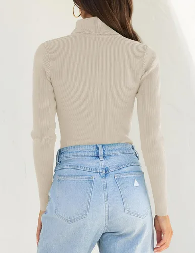 Vista 4 de ZESICA Camisas de manga larga de cuello alto para mujer, camisetas básicas de otoño, suéter de punto acanalado ajustado