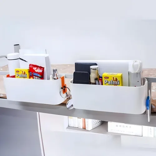 Vista 5 de Organizador de cesta colgante con ganchos para dormitorio, literas, estante para mesa de noche, soporte de almacenamiento para controles remotos