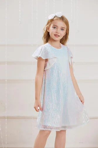 Vista 2 de GRACE KARIN Vestido de lentejuelas para niñas, manga corta, con vuelo, silueta acampanada, vestido midi con lazo para el pelo, 5-12 años