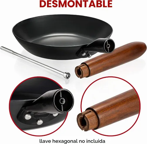 Vista 6 de YOSUKATA Sartén de acero al carbono de 7.9 pulgadas, sartén pre-sazonada no tóxica con mango de madera extraíble, sartén estilo wok sin