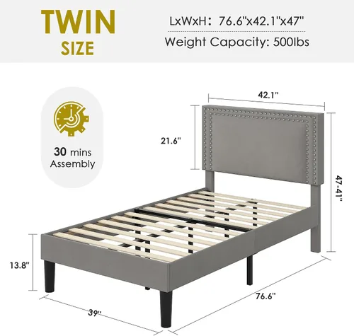 Vista 103 de VECELO Base de cama de plataforma de tamaño individual con cabecera tapizada de altura ajustable, base de colchón moderna, soporte de listones