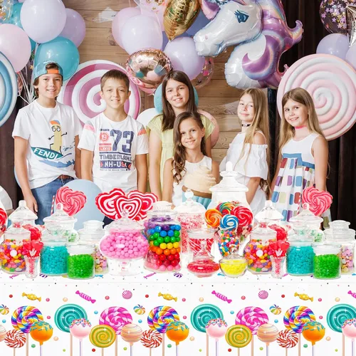 Vista 8 de PHOGARY Sweet Candyland - Mantel de plástico con temática de caramelos, dos manteles de cumpleaños de dulces manteles coloridos de piruletas