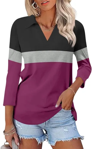 Vista 13 de TICTICMISS - Camisas polo de cuello en V para mujer, manga 3/4, con cuello, tops casuales de negocios, tops de verano a la moda, holgados