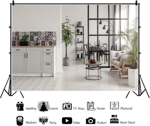 Vista 2 de Fondo de fotografía moderno y acogedor para sala de estar, de 5 x 3 pies, sofá limpio y ordenado, fondo de cocina abierta, trabajo en casa
