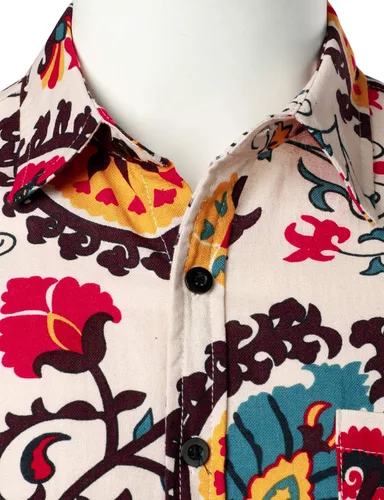 Vista 4 de LucMatton Camisas hawaianas de manga corta con estampado tradicional de lino y algodón para hombre