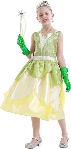 Vista 2 de WonderBabe Vestido de princesa rana verde para niñas, disfraz de Navidad, cumpleaños, fiesta de cosplay, regalo con accesorios