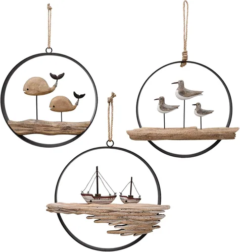 Vista 7 de Decoración de pared de madera náutica, círculo colgante de madera rústica Velero