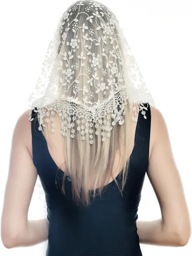 Vista 4 de Malixeyunna Triángulo Mantilla velo de encaje bufanda de tul que cubre el velo de la iglesia para las damas de honor de la boda de la misa