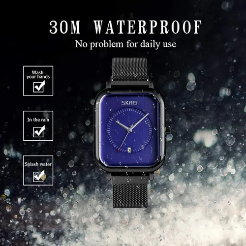 Vista 4 de SKMEI Reloj de pulsera para hombres y mujeres, reloj analógico de cuarzo impermeable a la moda con fecha de hora, esfera rectangular, reloj de mano