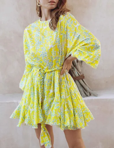 Vista 3 de meilun Mini vestido de verano de manga larga con cinturón, estampado floral, mini vestido de playa para vacaciones