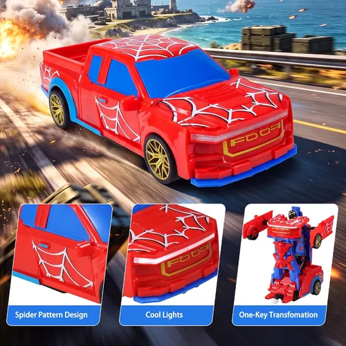 Vista 4 de Spider Transform RC Car para niños, camión a control remoto a control remoto rojo y azul con transformación de un botón, rotación de 360° y luces