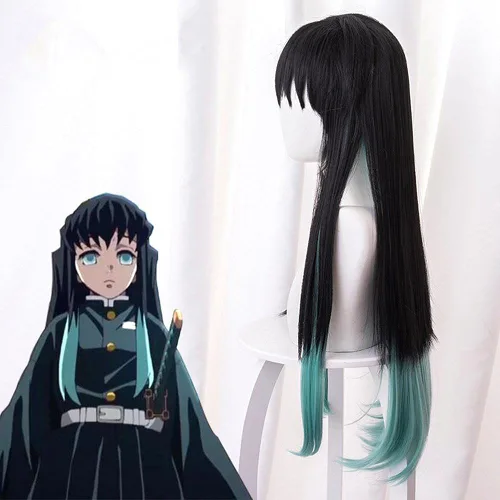Vista 4 de iirukaa Tokitou Muichirou - Peluca de cosplay larga y recta para Demon Slaye Anime Kimetsu no Yaiba, personajes de Halloween, pelucas de cosplay