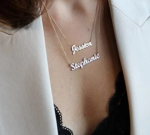 Vista 4 de Collar con 2 nombres en capas personalizable, collar estilo gargantilla de doble cadena chapado en oro de 18 quilates con placa de nombre, collar