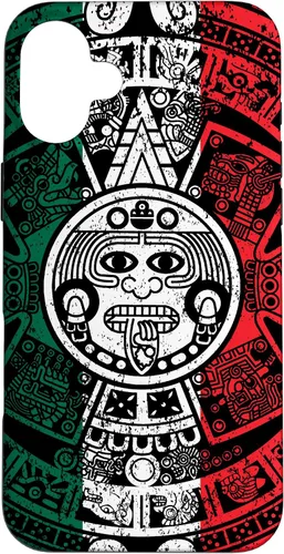 Vista 23 de Funda para iPhone 17 con calendario maya azteca con diseño de piedra solar envejecida de la bandera de México