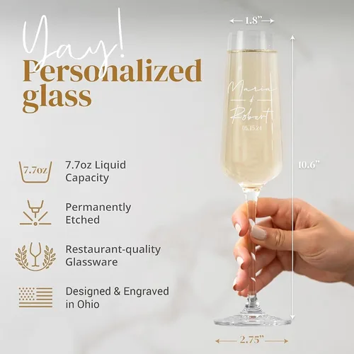 Vista 4 de Copas de champán de boda personalizadas, juego de 2, copas de brindis Mr & Mrs para novia y novio, nombre y fecha grabados, regalos personalizados