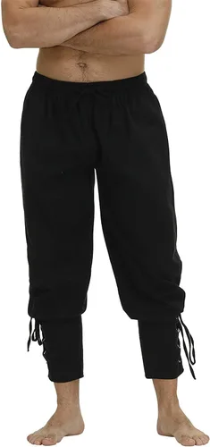 Vista 3 de Pantalones medievales de tobillo cónico con puños cónicos para hombre, disfraz vikingo, navegante, pirata, renacentista, gótico, pantalones casuales