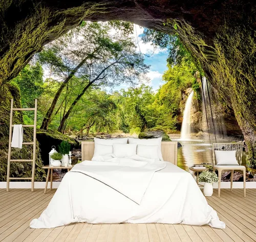 Vista 12 de Hermoso papel pintado de naturaleza verde con bosque grande, árbol gigante, paisajes de la jungla, murales de escenas de dormitorio, decoración