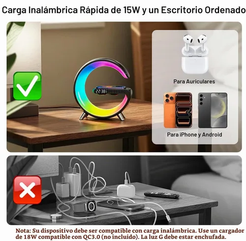 Vista 7 de 4 In 1 Smart LED Table Lamp, Alarm Clock, Bluetooth Speaker, Wireless Charger, App Control Night Light Bedside Lamp with Fast Charging Station for