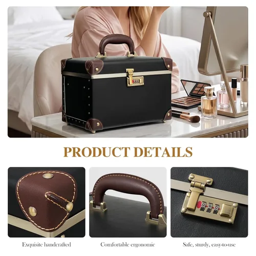 Vista 5 de urecity Estuche de maquillaje vintage de piel artificial, organizador profesional de cosméticos con cerradura de combinación de metal, caja