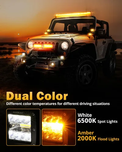 Vista 5 de Auxbeam Cubo luz LED ámbar de 3 pulgadas, 72 W todoterreno, 6 modos dos colores, estroboscópica antiniebla de conducción penetración e inundación