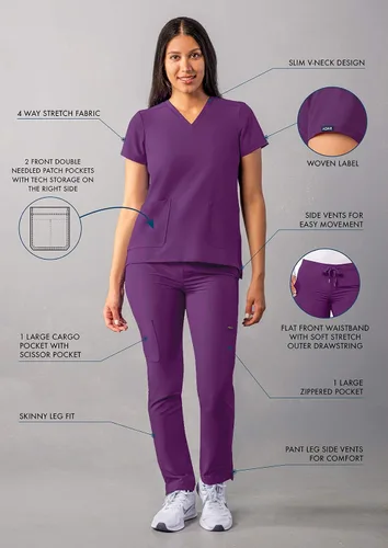 Vista 3 de Adar - Uniforme tipo filipina, con camisa de cuello en V y pantalones con bolsillos tipo cargo, para mujer