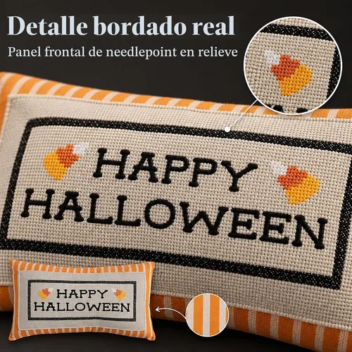 Vista 7 de Mud Pie Almohada de Halloween, almohada bordada Happy Halloween Naranja