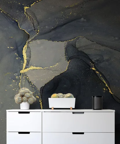 Vista 8 de Mural de pared abstracto con patrón de piedra de mármol de ágata negra y dorada. Papel tapiz extraíble para despegar y pegar, #6454