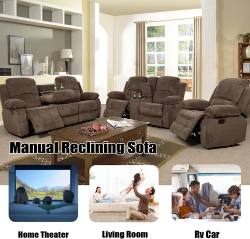 Vista 6 de Sofá reclinable manual, sofá reclinable con portavasos de 3 asientos, sofá de 3 asientos con mesa auxiliar desplegable para sala de estar, oficina
