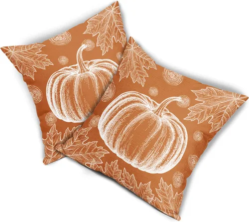 Vista 8 de Juego de 2 fundas de almohada de otoño naranja quemado de 18 x 18 pulgadas, diseño de calabaza blanca y hojas de arce con temática otoñal, almohadas