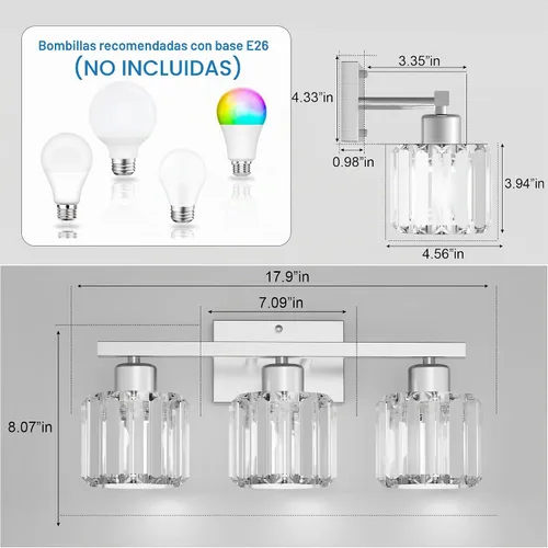 Vista 2 de comzler Lámpara de baño de 3 luces sobre espejo, aplique de pared de cristal de níquel cepillado con base E26 para espejo, cocina, sala de estar