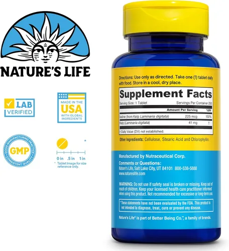 Vista 2 de Nature's Life Kelp islandés 41 mg - Suplemento de yodo de algas marinas de agua de mar islandesa - Soporte tiroideo para mujeres y hombres con 225