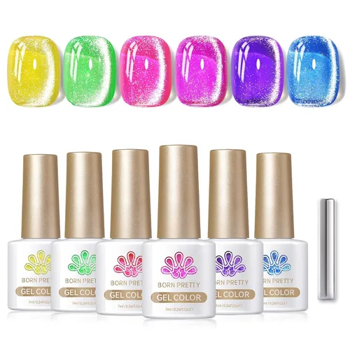 Vista 15 de Born Pretty Esmalte de uñas de gel magnético de ojos de gato verde, 6 colores brillantes con purpurina de cristal holográfico, salvia, oliva