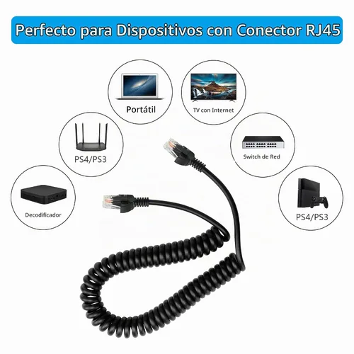 Vista 3 de Cable Ethernet Cat5e en espiral – Cable de red LAN RJ45 retráctil para laptops, escritorio, routers, decodificadores – estirable hasta 4.9 ft RJ45