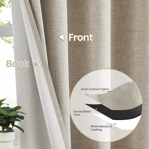 Vista 2 de Cortinas opacas de lino beige Melodieux de 63 pulgadas de largo para dormitorio, sala de estar, 100% cortinas con ojales para bloquear la luz