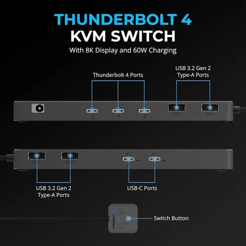 Vista 2 de SABRENT Conmutador KVM Thunderbolt 4, Compartición de Periféricos con 3X Thunderbolt 4 USB C 40Gbps, 2X Carga USB-C 60W (PD 3.0) 4X USB Tipo A