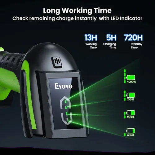 Vista 4 de Eyoyo Escáner de código de barras inalámbrico industrial: escáner Bluetooth impermeable 3 en 1 con base de carga e indicador de batería, lector