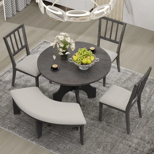 Vista 15 de Juego de mesa de comedor funcional retro de 5 piezas, mesa de comedor redonda extensible de madera y 4 sillas de comedor tapizadas para restaurante