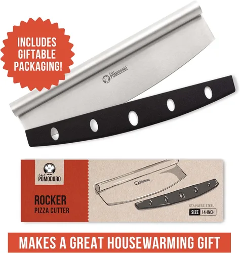 Vista 7 de Chef Pomodoro Cuchillo basculante para pizza con cubierta protectora, multiuso de 14 pulgadas con hoja de acero inoxidable súper afilada, cubierta