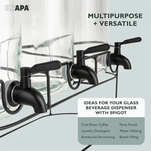 Vista 3 de Ilyapa Dispensador de bebidas de vidrio para fiestas - paquete de 3, dispensador triple de bebidas múltiples de 1 galón con soporte, tapas de madera