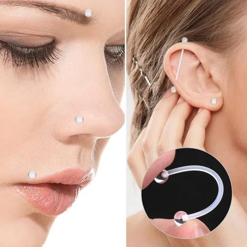 Vista 5 de Tucnoeu 48 aretes de nariz transparentes, aretes de plástico transparente para deportes, retenedores de piercing, piercing de nariz, joyería
